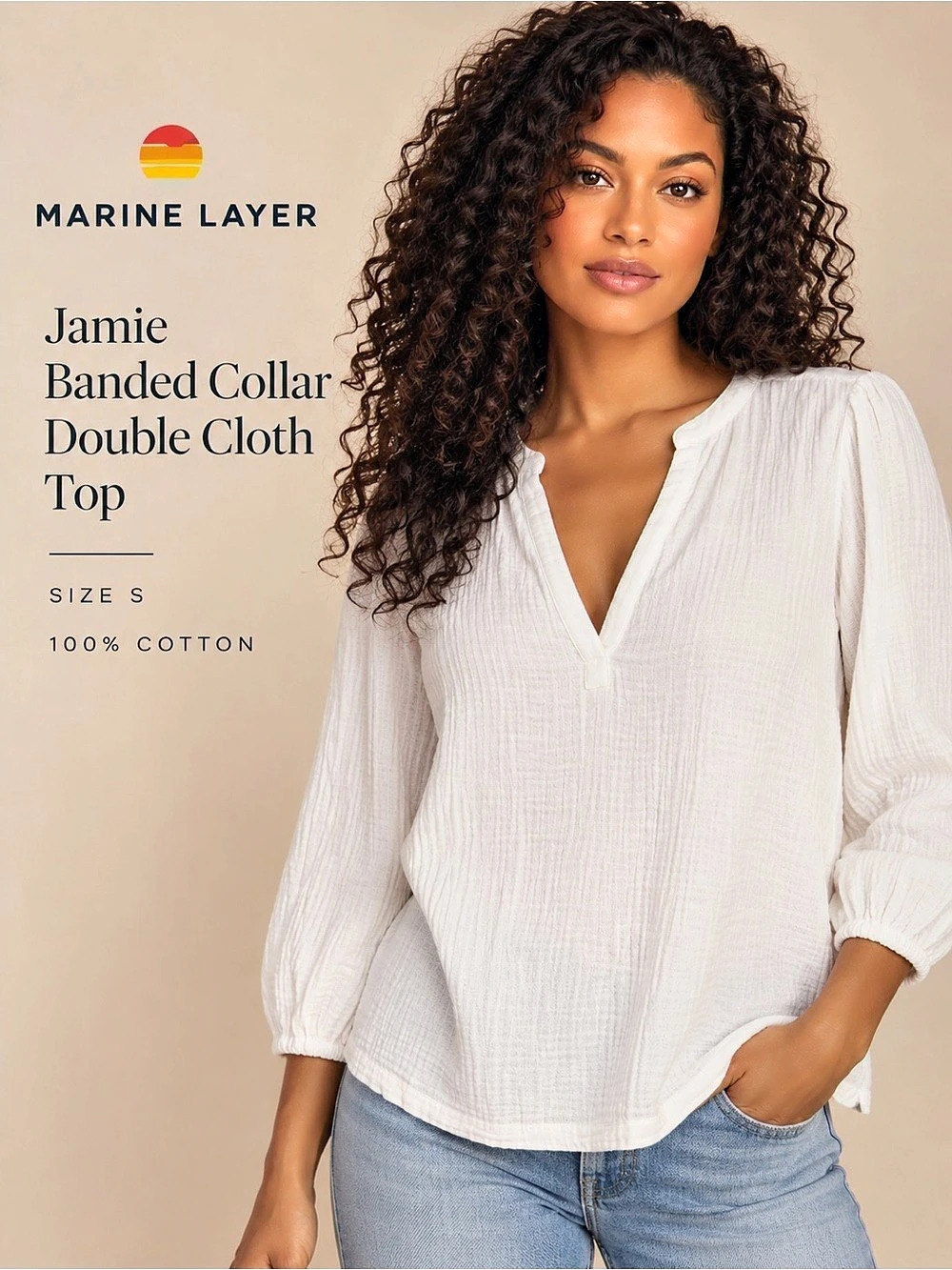 Marine Layer Jamie Banded Collar Double Cloth Top White Size S